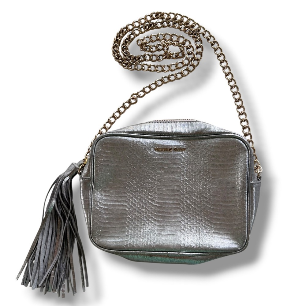 Victoria's Secret Metallic Silver Snake Skin Embossed Chain Tassel Crossbody Bag
